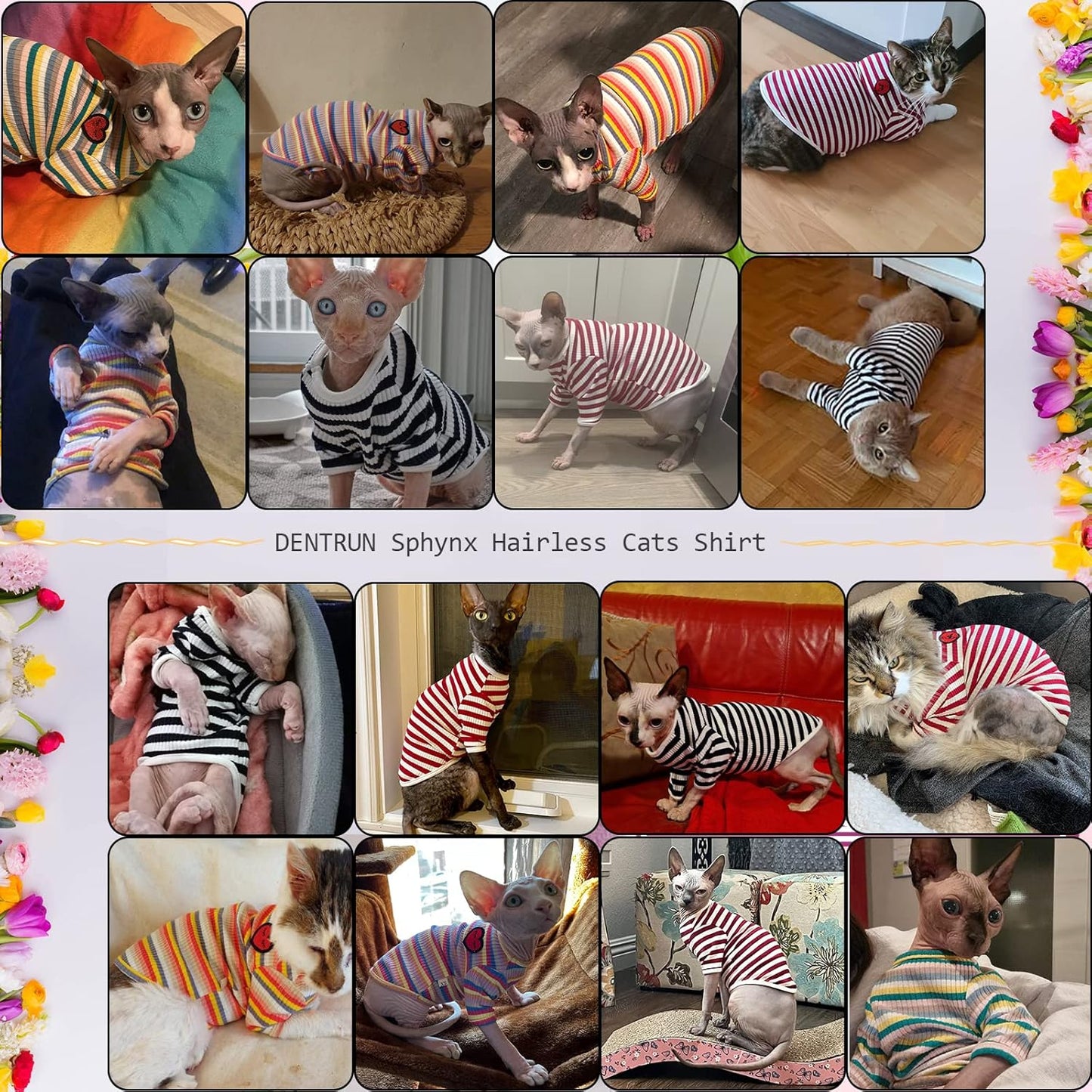 DENTRUN Hairless Cats Shirt Breathable Cat Daily Wear Clothes Stripe Vest Adorable Pajamas Jumpsuit Soft & Skin-Friendly