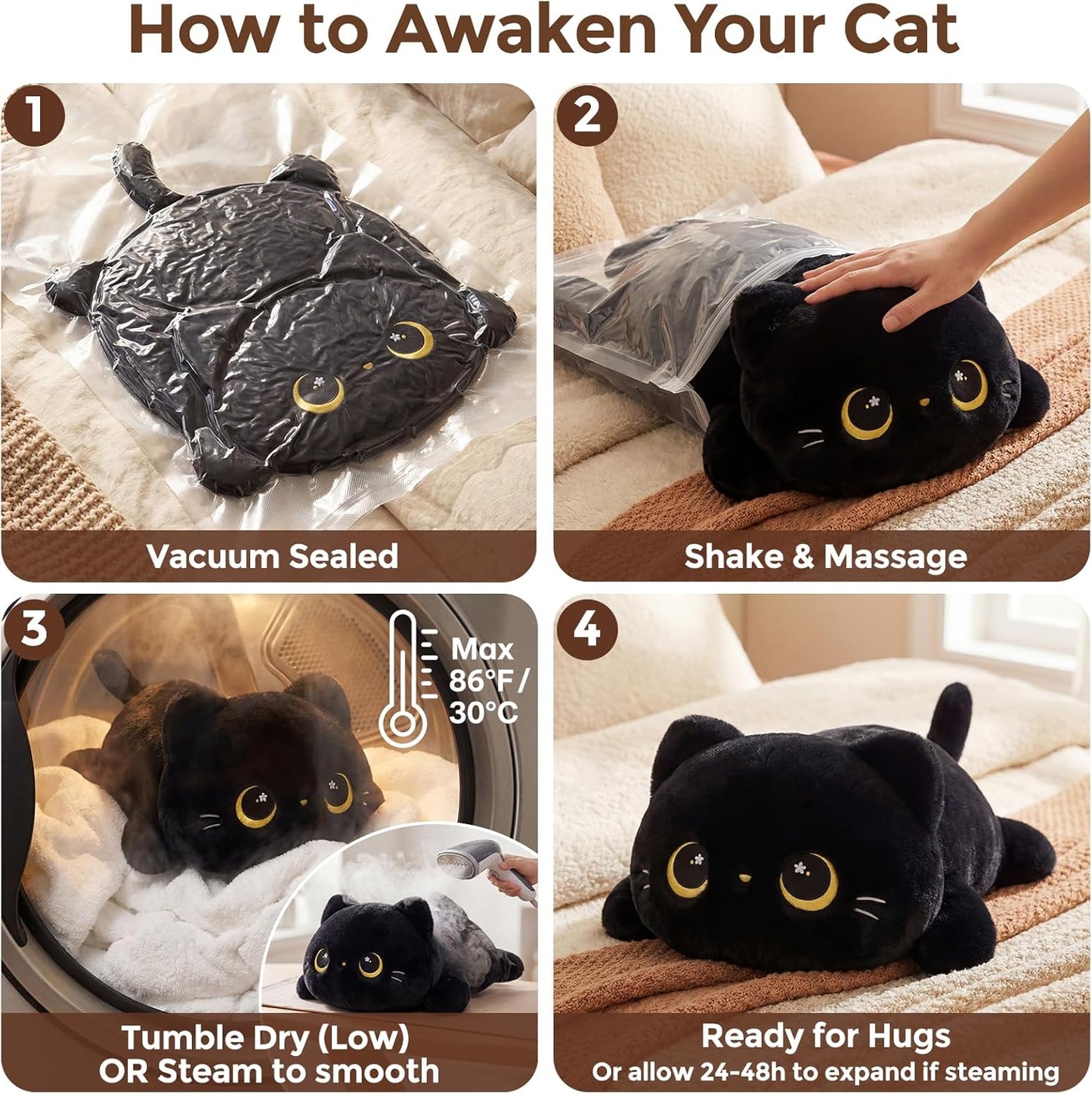 Mewaii Cute Black Cat Plush Pillow, Kawaii Plushies Black Cat Stuffed Animals, Squishy Plushies, Cuddle Plush Pillow for Kids & Girls (13 Inch)