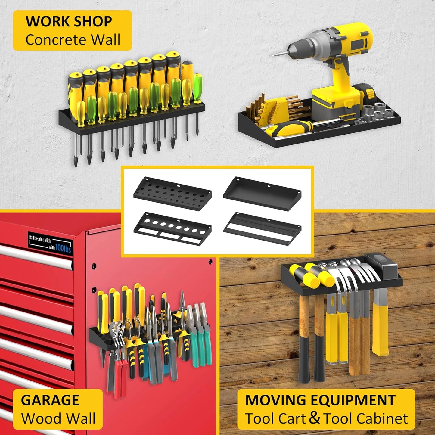 UNITEDPOWER Wall Mount Hand Tool Storage Set, Screwdriver Organizer, Pliers Holder, Hammer Rack, Metal Hardware Tray for Garage Workshop Workbench - 4 Pack