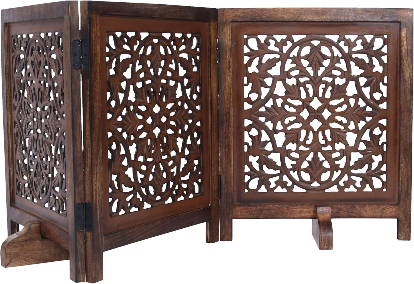 Dog Gate Indoor, Free Standing Folding Wooden Dog Gate for Doorway, Hallway or Stairs, Decorative 3 Panel Wood Pet Fence, 60x24 Inch Pet Gate, Natural Burnt Daisy Design
