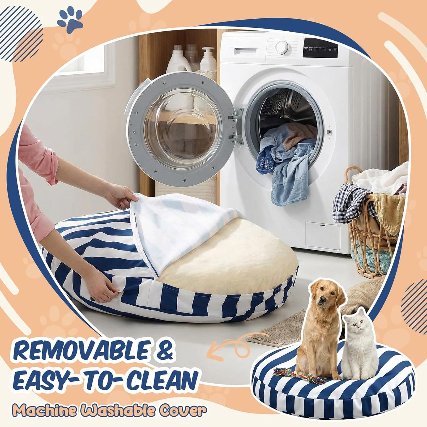 42 Inch Large Waterproof Outdoor Dog Bed, Washable Round Pet Bed for Medium Large Dogs, Blue and White Vertical Striped, UV Resistant Durable Pet Cushion for Indoor Outdoor Travel Use