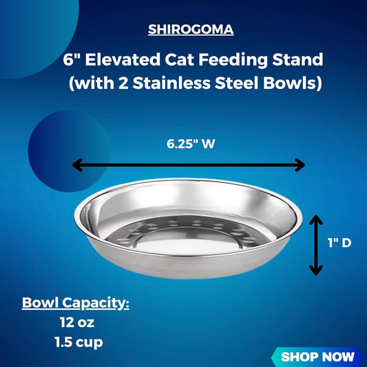 Raised Cat Bowls, 6.25 in wide, 6" Elevated Cat Feeding Stand (with 2 Stainless Steel Bowls: 12 oz/1.5 cup), Small Dogs, Rabbits, Anti-Vomit, Whisker friendly, 6 x 8 x 8 in, Acacia Wood