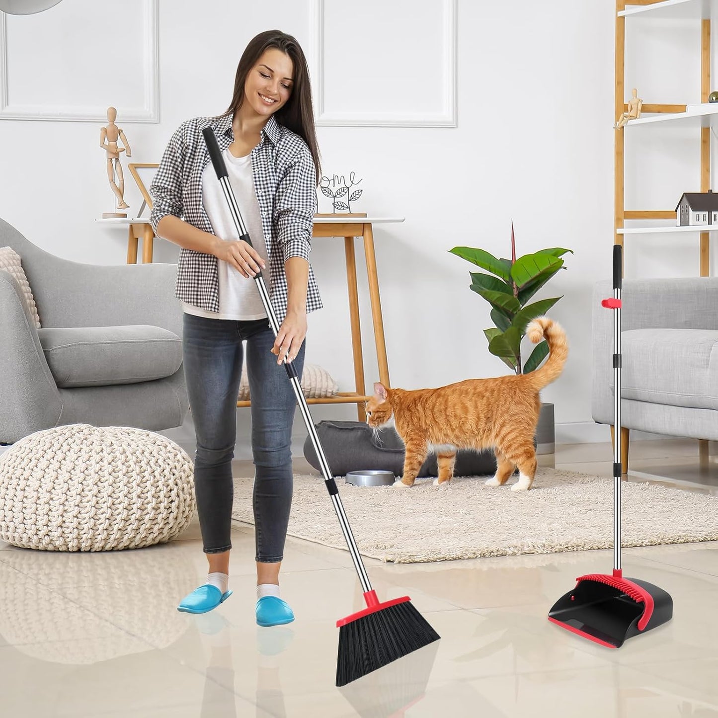 NACENA Broom and Dustpan Set, 52-in Long Adjustable Handle Broom Dustpan Combo with Dustpan Teeth to Automatically Clean Hair Suitable for Home Kitchen Office Hall Floor(Black&Red)