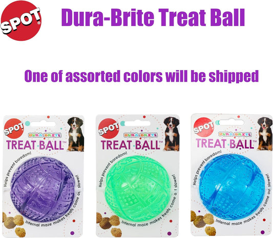 SPOT Dura-Brite Treat Ball - Treat Dispensing Dog Toy Made with Durable TPR Rubber, Interactive Slow Feeder Puzzle Ball, Prevents Boredom and Makes Mealtime Fun - 3in, Assorted Colors