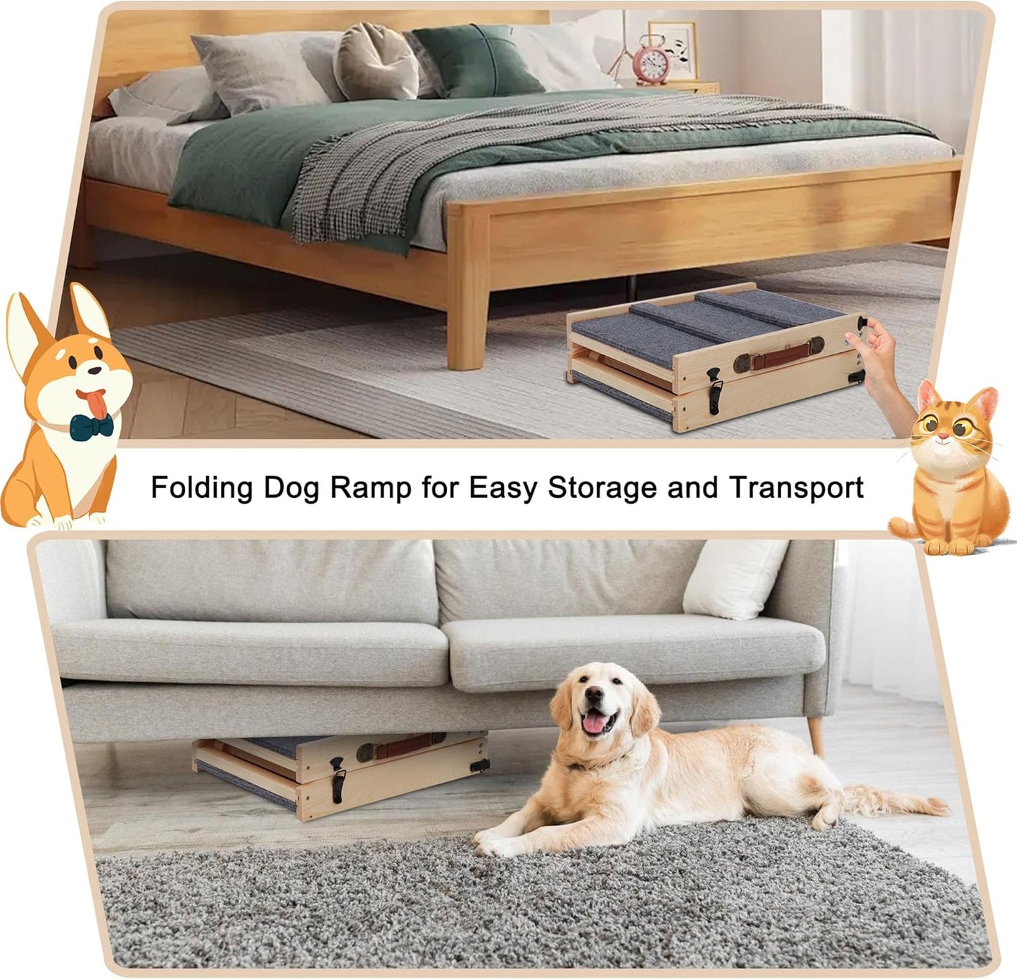 Rockever Dog Ramp, Folding Dog Ramp, Wooden Non-Slip Dog ramp for Couch for Small Medium Old Dogs, Adjustable from 11" to 14" 3 Levels Pet Ramp for Couch, Bed, Car