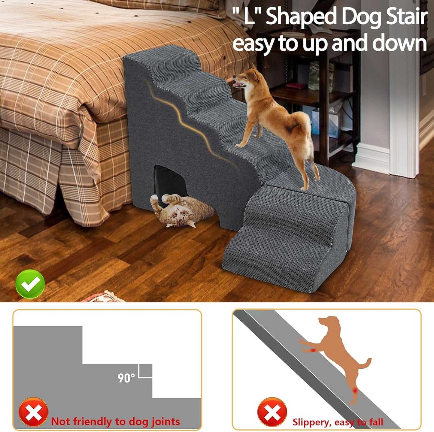 Dog Stairs for High Beds up to 30-36inch, A.FATI 6 Tiers Dog Steps Pet Stairs Adjust to Left Side of Bed, Non-Slip Pet Ramp for Small Dogs/Old Pets