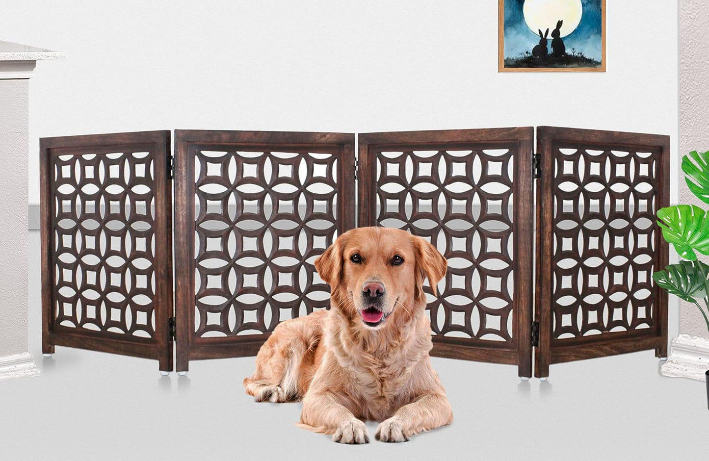 Wooden Foldable Pet Dog Safety Gate -4 Panels 20"Wx24"H- Hand Carved Solid Wood And MDF - Free Standing Portable Indoor Doorway Hall Stairs Dog Puppy Fence - Fully Assembled - Antique Brown -IRONGATE