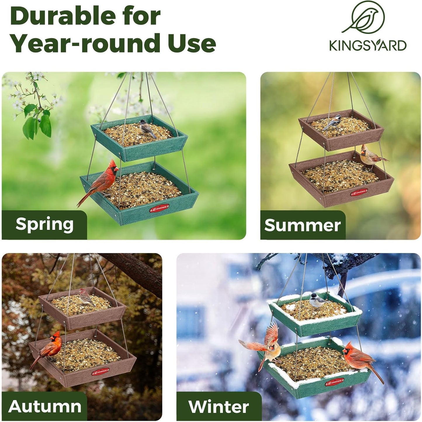 Kingsyard 2 Tier Large Platform Bird Feeders for Outdoors Hanging, 5 lbs Capacity Recycled Plastic Flat Mealworm Bird Feeder Tray, Garden Decoration Attracting Cardinal Blue Jay, Green