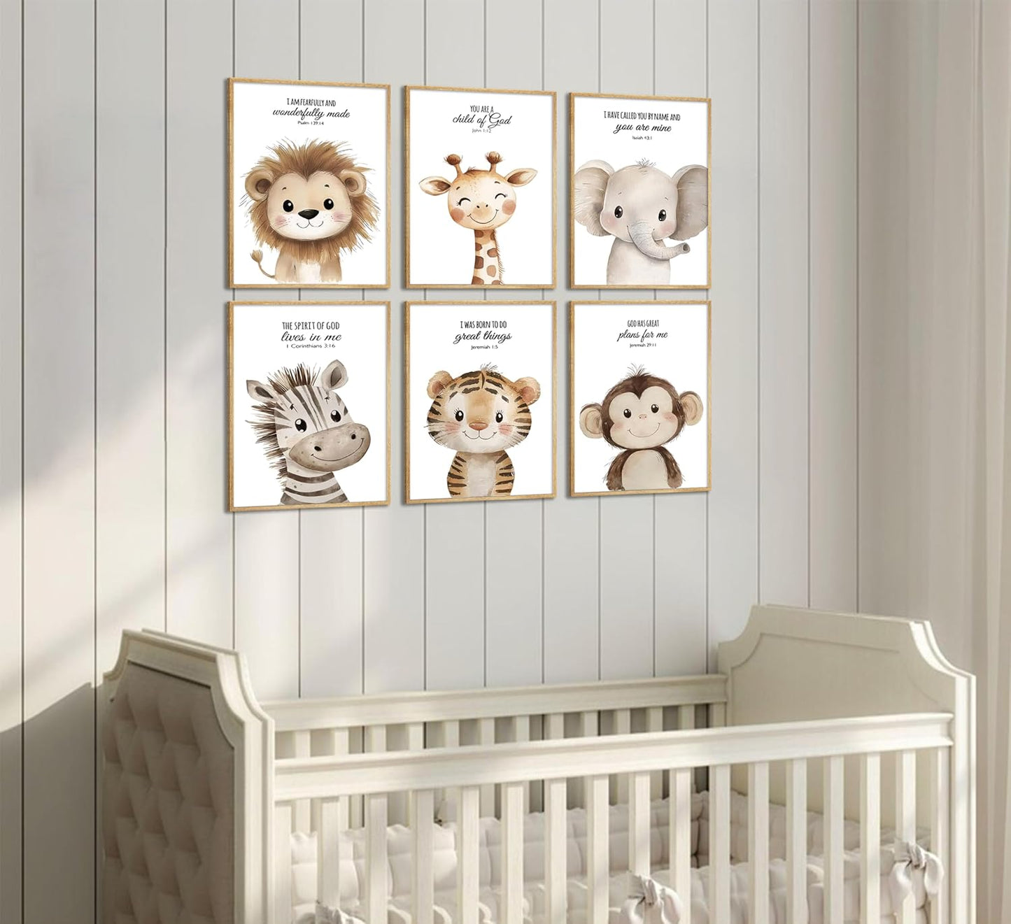6Pcs Nursery Bible Verse Animal Wall Art Cute Woodland Animals Christian Picture Wall Decor Lions Elephant Giraffe Poster Print Artwork for Classroom BabyBedroom Boys Girls Home Decoration Unframed