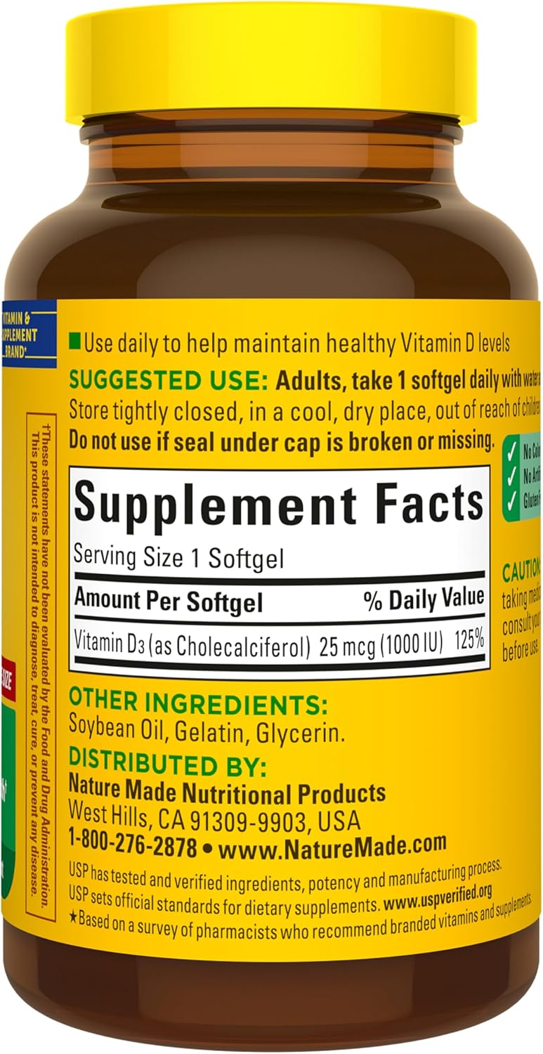 Nature Made Vitamin D3 1000 IU (25 mcg), Vitamin D Supplement for Bone, Teeth, Muscle and Immune Health Support, 180 Softgels, 180 Day Supply