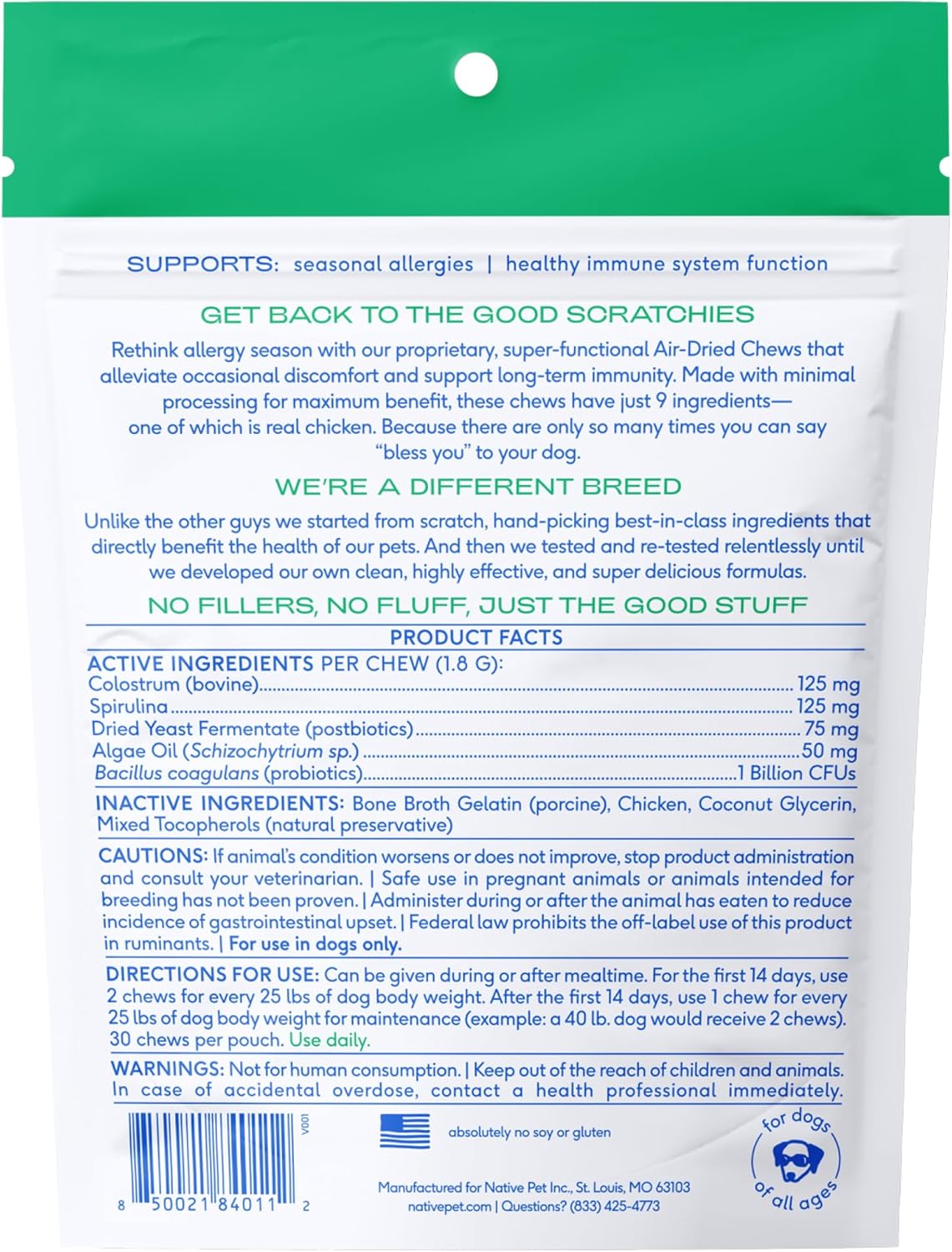Native Pet Dog Allergy Chews - Dog Allergy Relief for XL Breeds - Supports Seasonal Itch Relief, Healthy Immune Function & Reduces Sneezing - Colostrum, Spirulina, & Probiotics - 30 Days Supply
