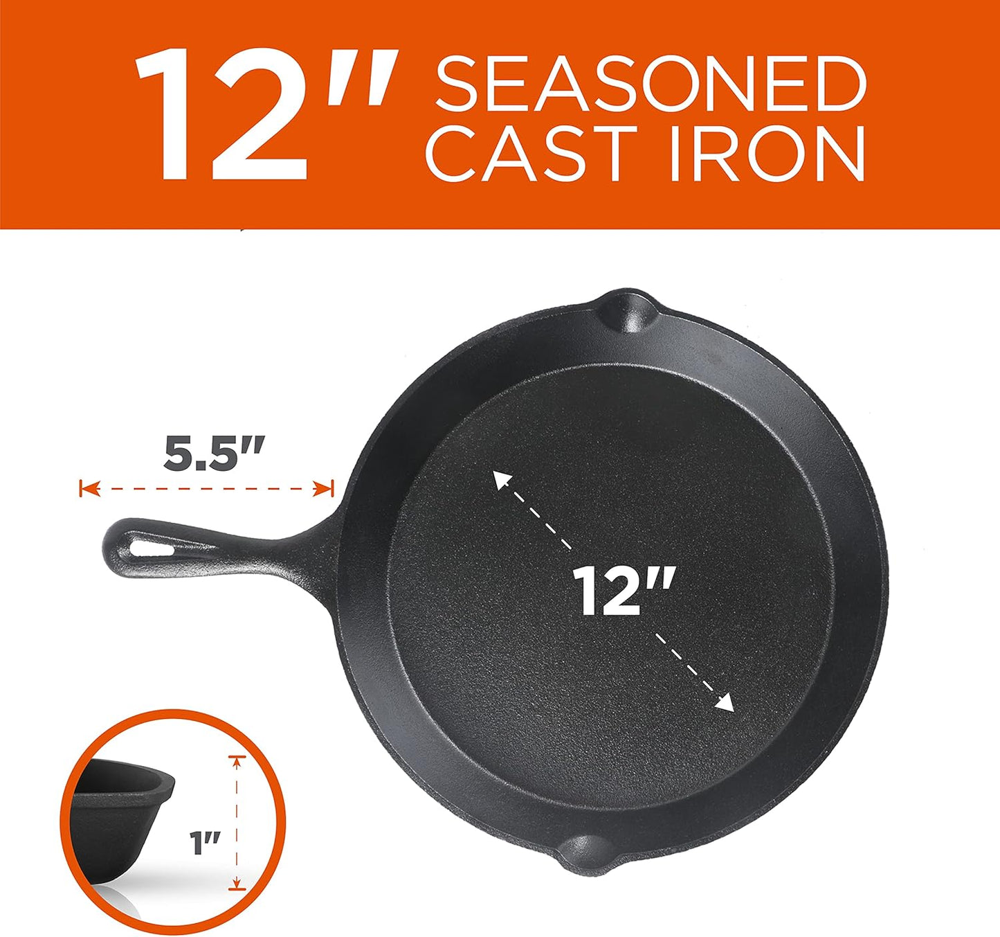 Commercial CHEF 3-Piece Cast Iron Skillet Set – 8 inch, 10 inch, and 12 inch - Pre-seasoned Cast Iron Cookware