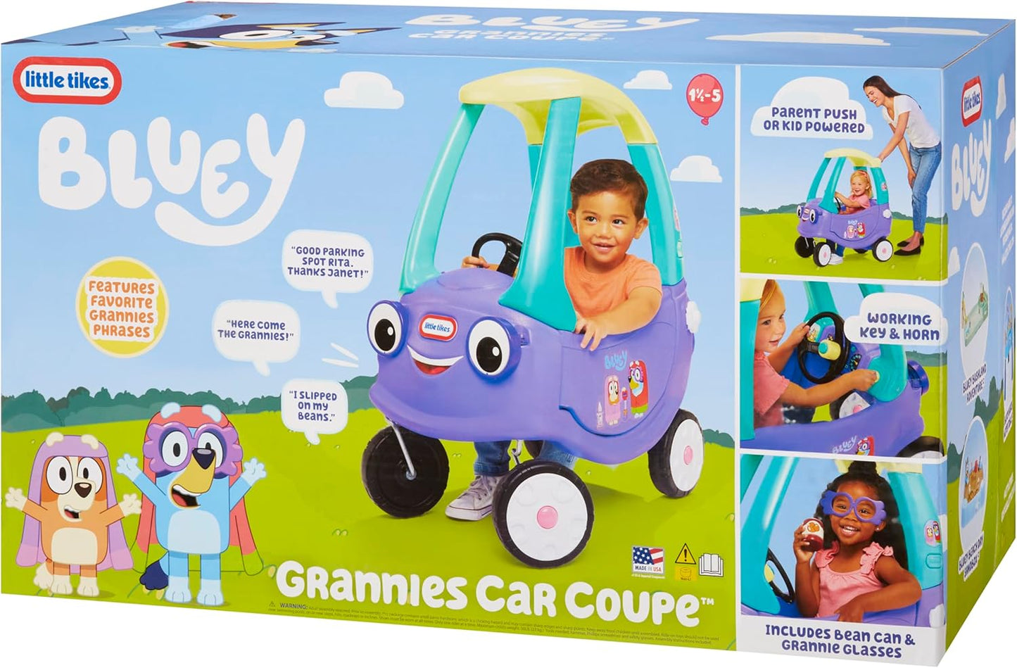 Little Tikes Bluey Grannies Car Coupe with 2 Accessories, Bluey Foot-to-Floor Ride-On, for Boys and Girls Ages 1.5-5 Years
