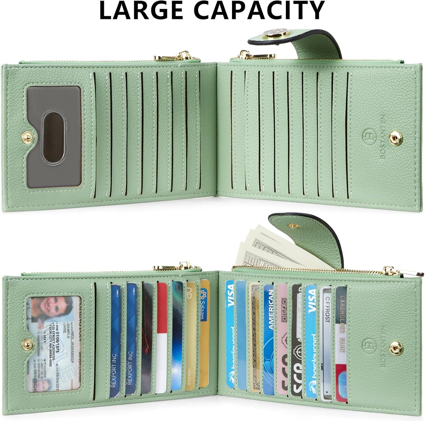 BOSTANTEN Leather Wallets for Women Large RFID Blocking Slim Bifold Purse Card Holder with Zipper Pocket