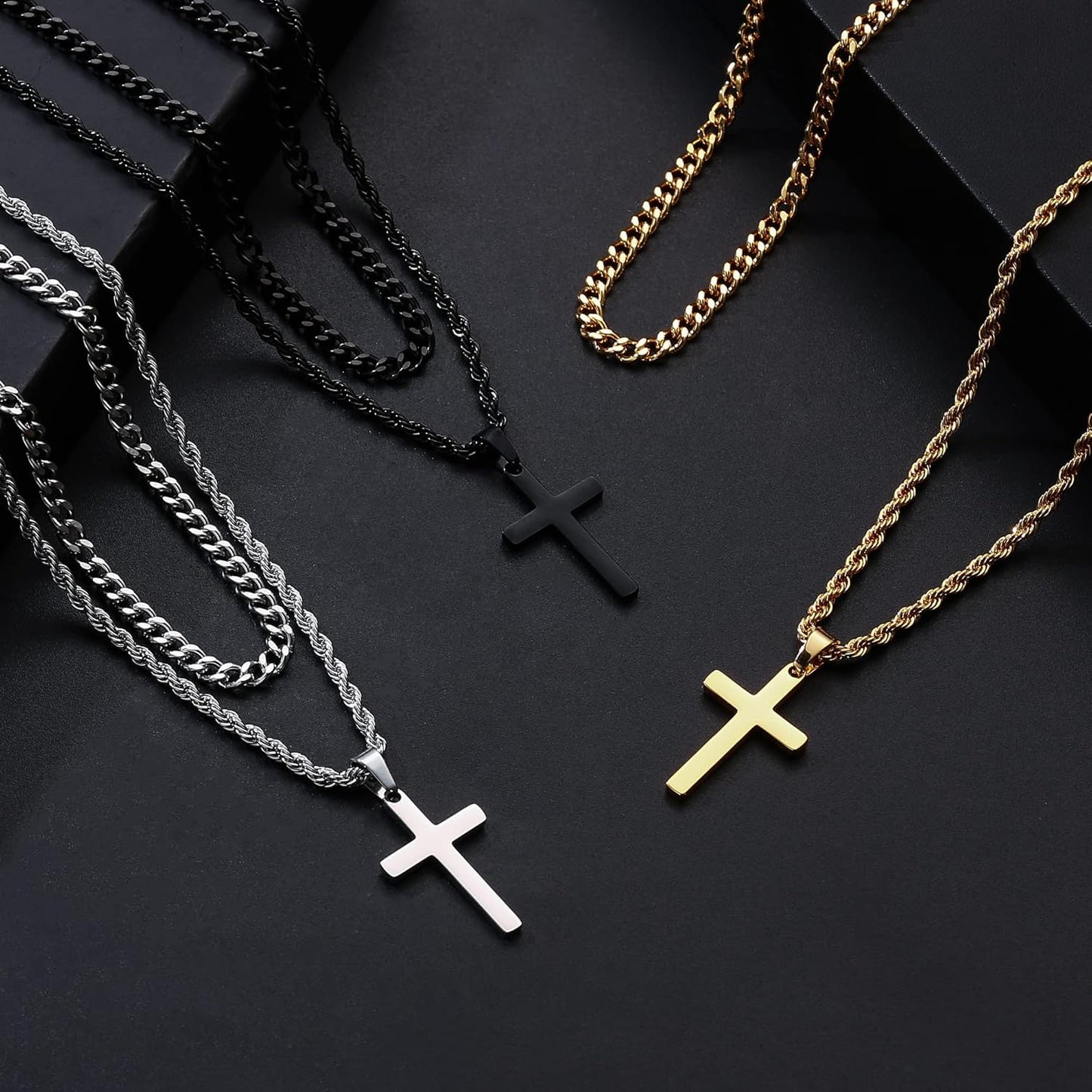 Yooblue Easter Basket Stuffers - Cross Necklace for Men, Gold Black Silver Mens Cross Necklaces Stainless Steel Cross Pendant Necklace Simple Jewelry Gifts Cross Chain Necklaces for Men