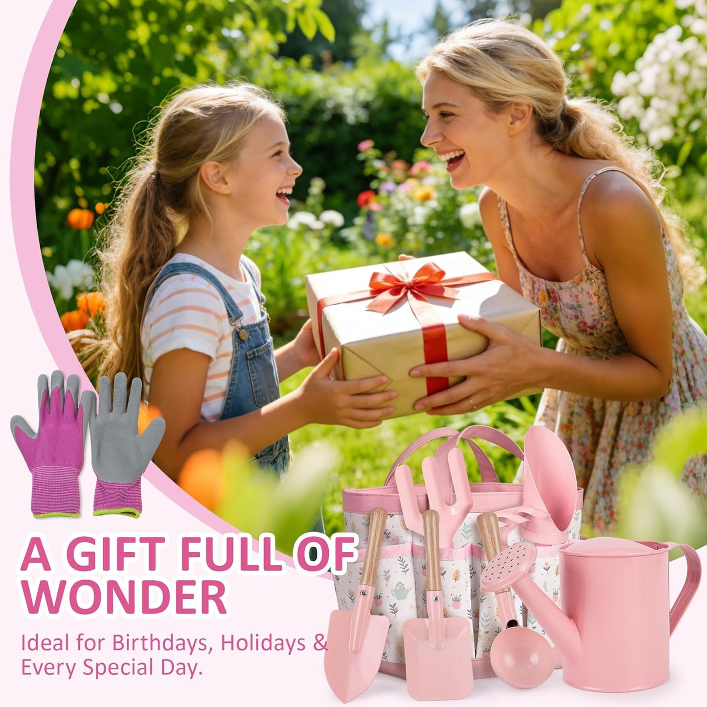 Cossy Kids Gardening Set, 13PCS Garden Tool Kit for Kids and Toddlers Boys Girls, Includes Tote Bag, Watering Can, Shovels, Rake, Kids Gardening Gloves, Apron and More, Pink