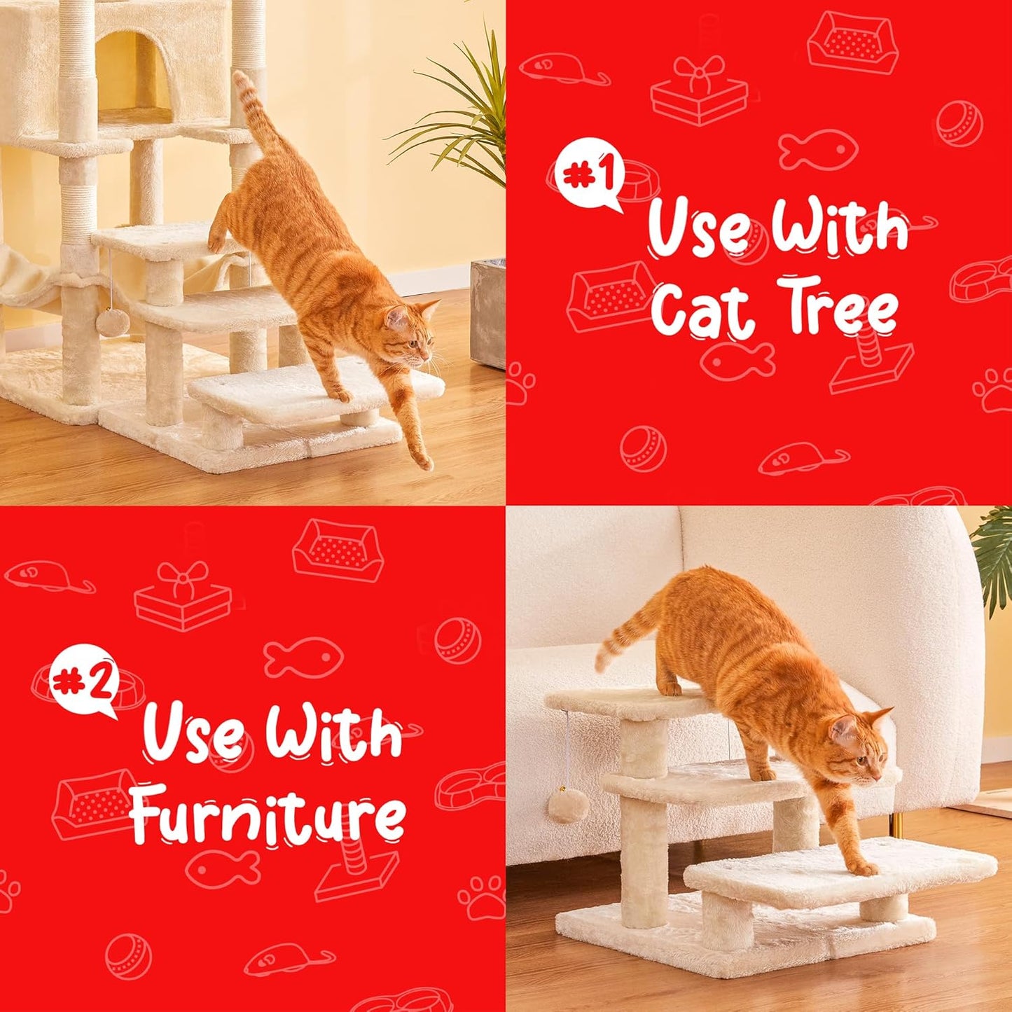 15''H Multi-Step Pet Stairs for High Beds & Sofas, 3-Step Cat Stairs with 2 Toy Balls, Wide Boards for Indoor Kittens Dogs Pets Climbing, Beige