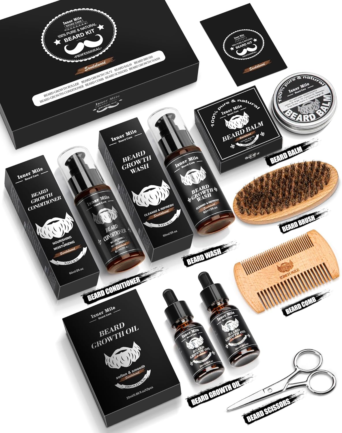 Beard Kit for Men Grooming & Care: with 2 Pack Beard Oils and Balm - Wash & Conditioner for After Shave Lotions Sandalwood, Brush and Comb Sets with Scissors, Valentines Fathers Gifts for Dad/Men/Him