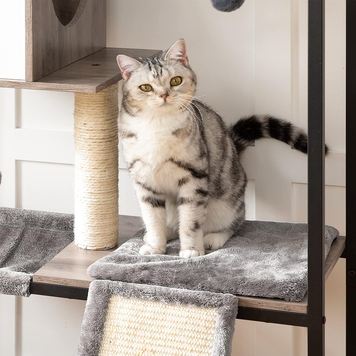 HOOBRO Wooden Cat Tree, Versatile Cat Tower with Scratching Post, Cat Hammock and Food Bowls, 4-Tier Pet House for Indoor Cats, Multi-Cat Families, Greige BG34MZ03