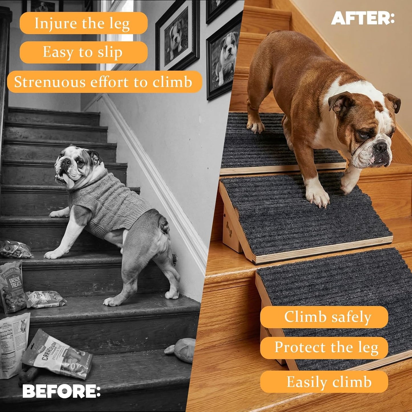 3 Pack Wooden Dog Ramp for Stairs,Friendly to Short-Legged/Small/Injured/Aged Dogs with High Support,13L*9W*5H''+26°Slope Fits Your Staircase,with Anti-Slip Pads for Climbing Safely,Stairs Assist