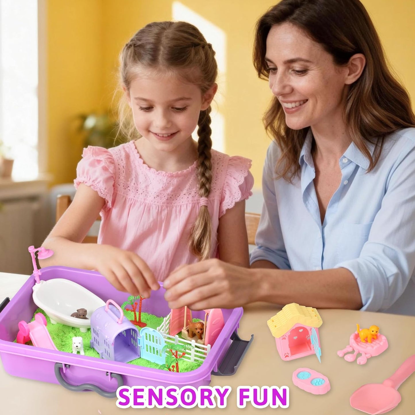 Pet Sensory bin,Dog and Cat Sandbox for Kids,Kids Play Sand Kit,Pet Play Set with Sensory Sand,Pet Care Play Set,Role Pretend Play Beach Toy Birthday Gift for Girls Boys 3 4 5 6 Years Old