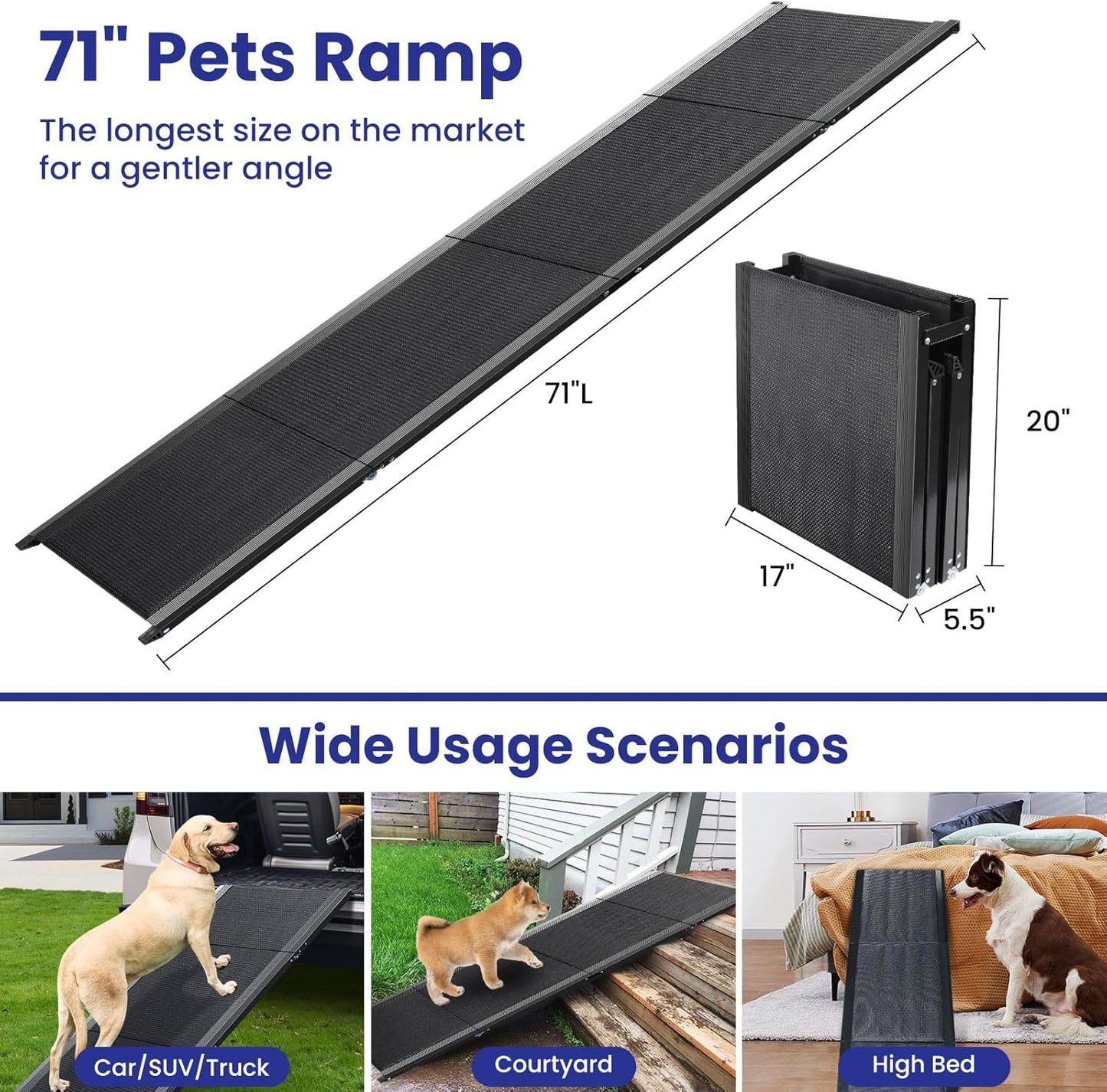 Dog Ramp for Car, 71''x 17'' Extra Long Folding Dog Ramps, Pet Ramp for Large Dogs with Non-Slip Rug Surface, Portable Dog Steps Up to 200LBS, Outdoor Dog Ramp for Car, SUV, Truck