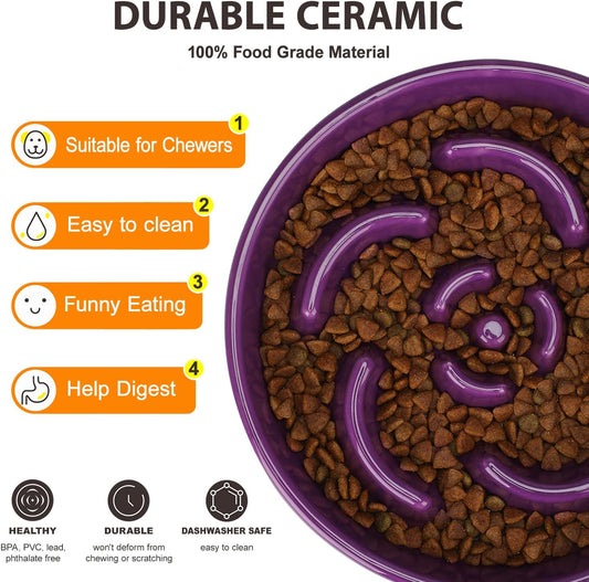 Slow Feeder Dog Bowl, Ceramic 8.3 inch Dog Food Bowls for Small, Medium, and Large Breed, Anti-Slip Maze Puzzle Food Dish to Slow Down Eating (Deep Purple, 8.3 inch)