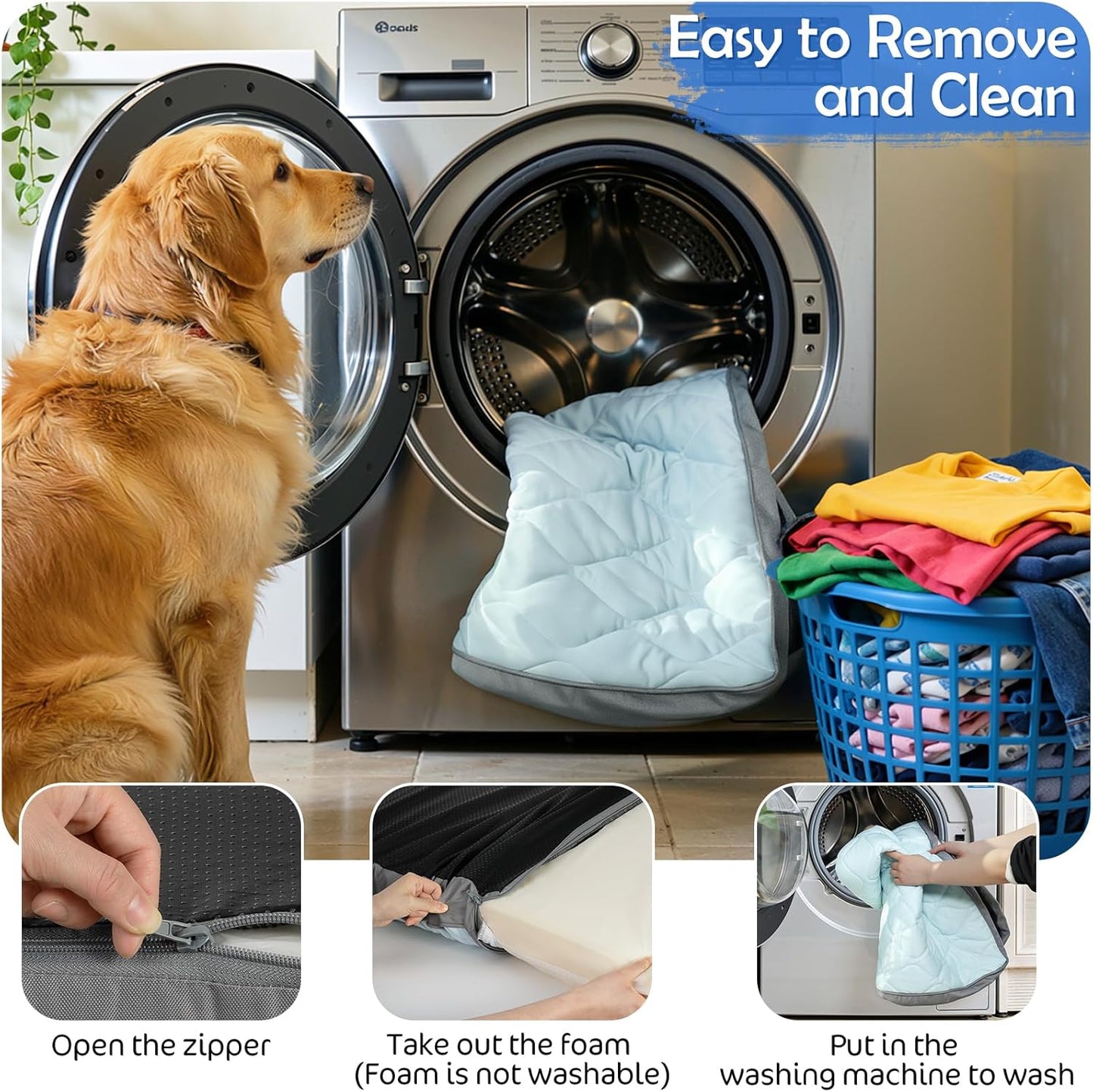 Cooling Dog Bed, 42" x 30" Orthopedic Dog Beds Large Sized, Waterproof Self-Cooling Pet Mat for Summer with Removable Washable Cover, Egg Crate Foam, Anti-Slip Bottom, Non-Gel, Blue