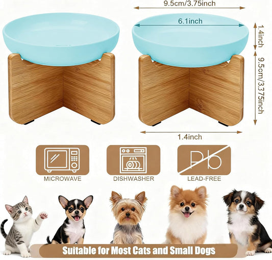 Shallow Elevated Cat Bowls with Bamboo Stand, 6.1 Inch Wide Ceramic Cat Dish Whisker Friendly, 2 Pack Pet Food and Water Plates