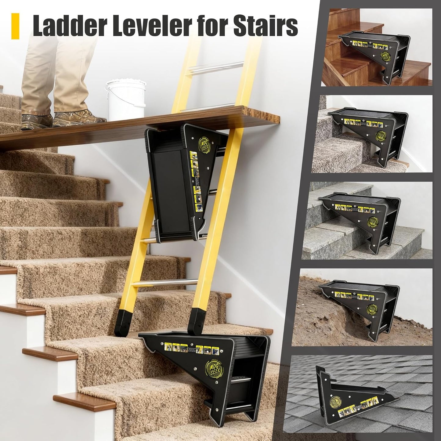 Stable Platform Ladder Leveler - Ladder Levelers for Extension Ladders with Storage for Uneven Surfaces (Regular Black)