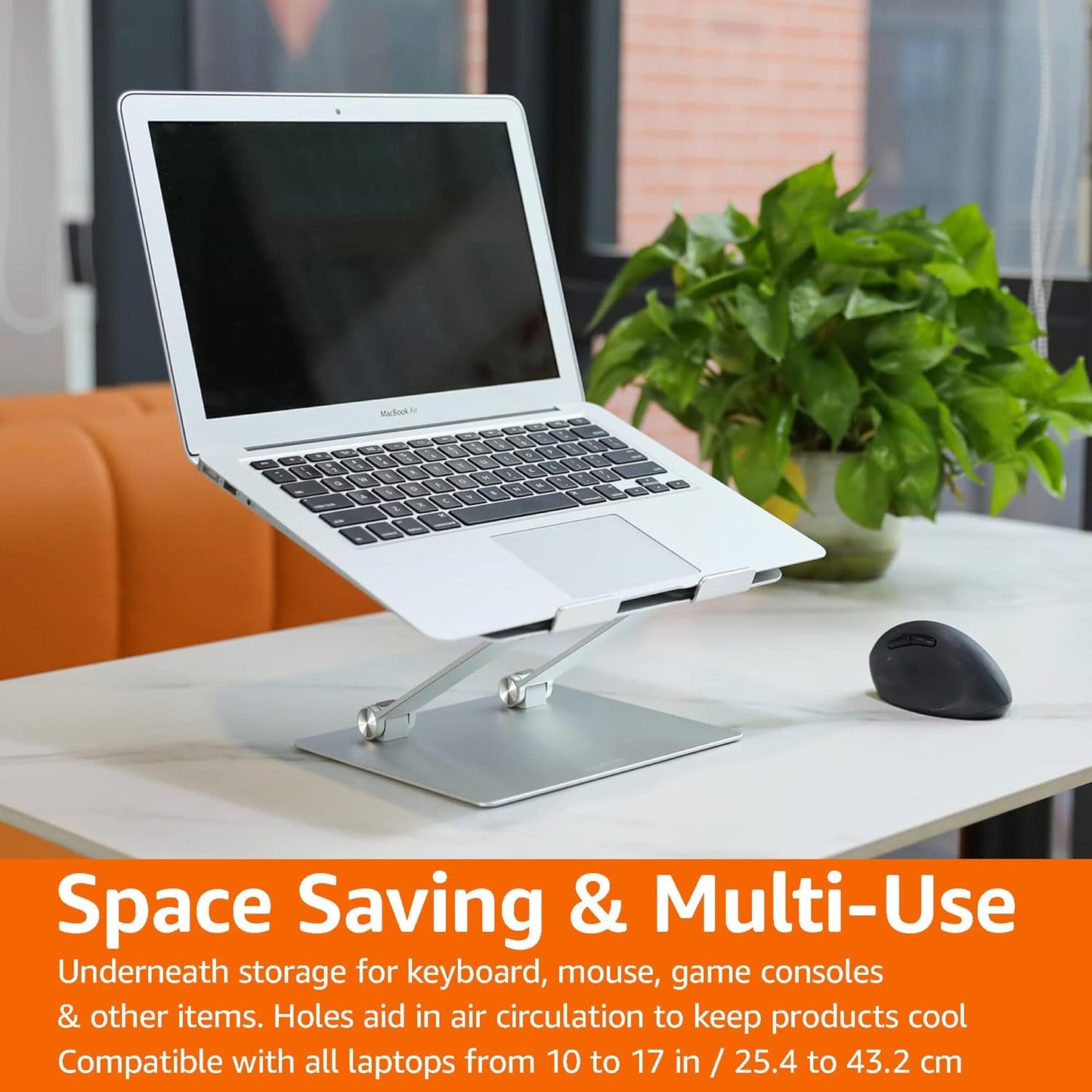 Amazon Basics Sturdy and Portable Ergonomic Laptop Stand for Desk, Height Adjustable Riser with Ventilated Cooling, Foldable, Fits all Laptops up to 17.3 Inch, Silver, 10 x 8.7 x 6 in