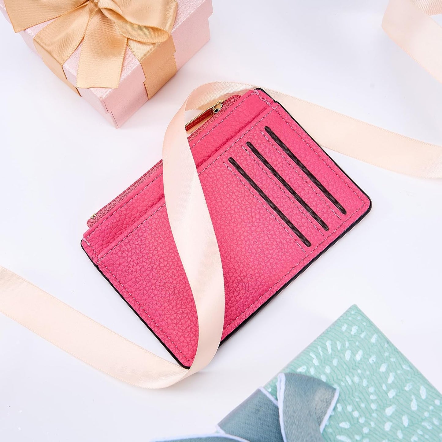 Credit Card Holder for Women Slim Minimalist Front Pocket RFID Blocking Wallet Small Compact Card Case with ID Window, Vibrant Pink
