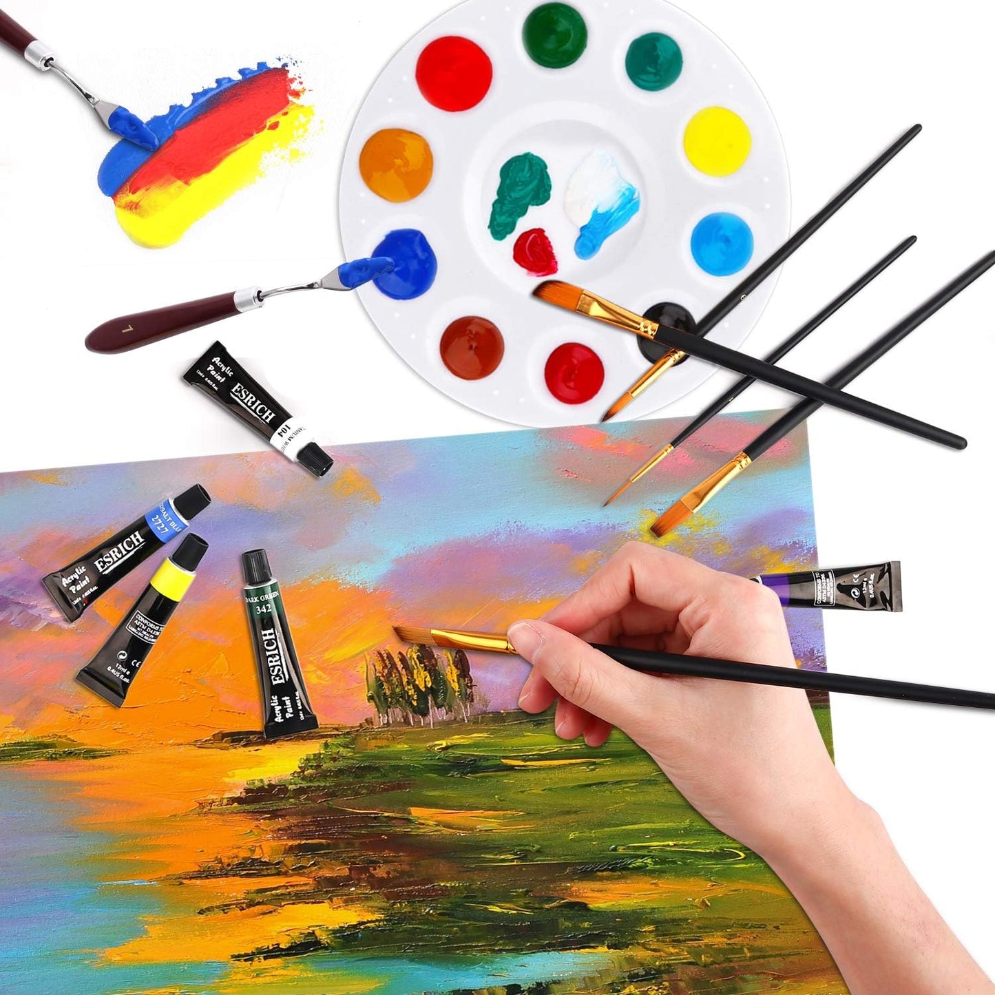 ESRICH Acrylic Paint Set,46 Piece Professional Painting Supplies with Paint Brushes, Acrylic Paints, Easel, Canvases, Palette, Paint Knives, Brush Cup and Art Sponges for Hobbyists and Beginners