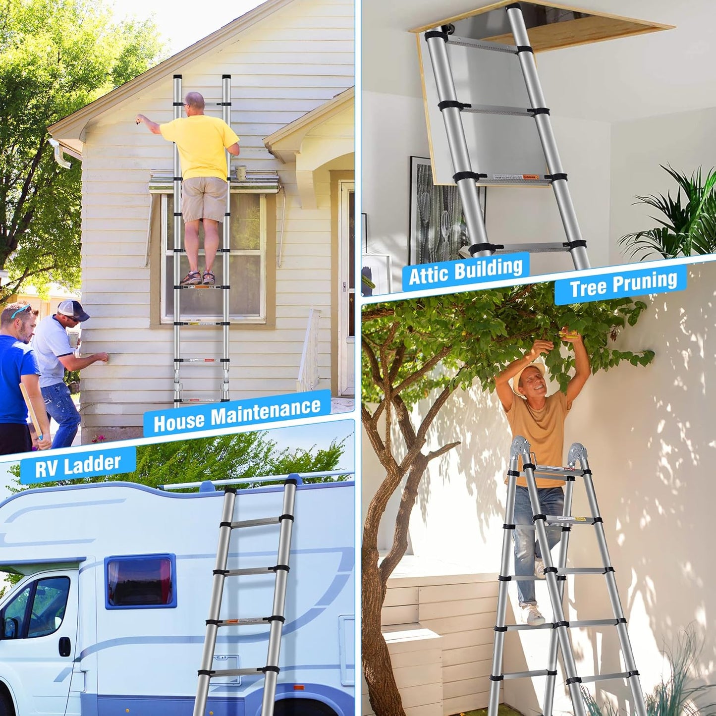 A Frame Telescoping Ladders 16.5 FT Stainless Steel,Telescopic Ladder 330lbs Capacity Compact Ladder with Balance Bar and Movable Wheels,Multi-Purpose Collapsible Ladder for Indoor Outdoor Work