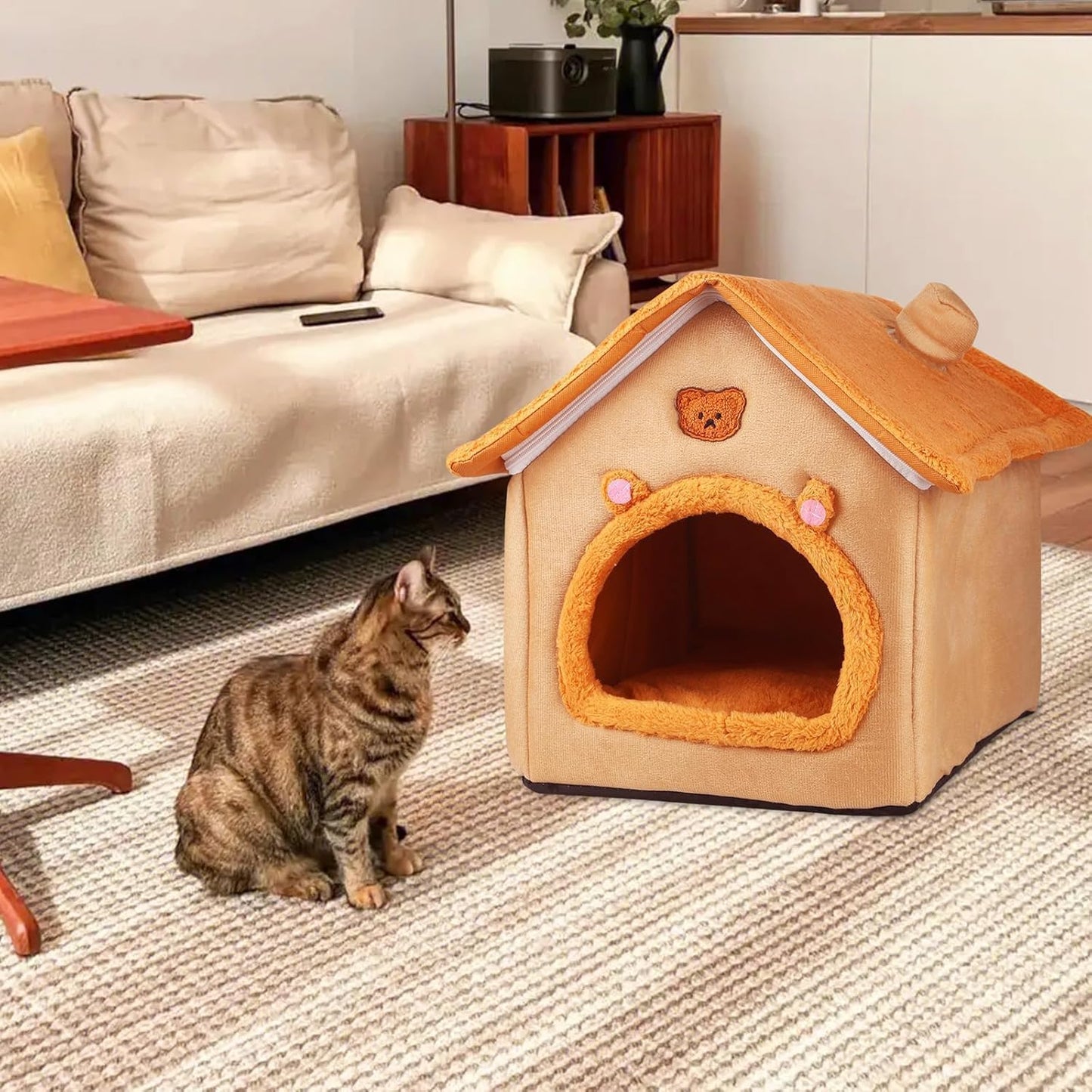 Cat House Inside Cat Sleeping Tent Dog House Bed Indoor with Non-Slip Bottom 15.75inch Orange
