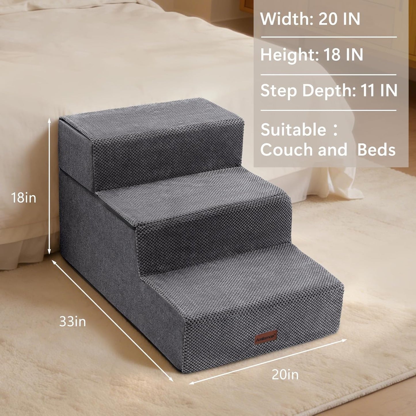 Dog Stairs for Large Dogs 18" H, Extra Wide Dog Steps for High Beds & Couches, 20" Wide Deep Steps, Non-Slip Dogs Ramp, 3-Step Pet Stairs, Grey