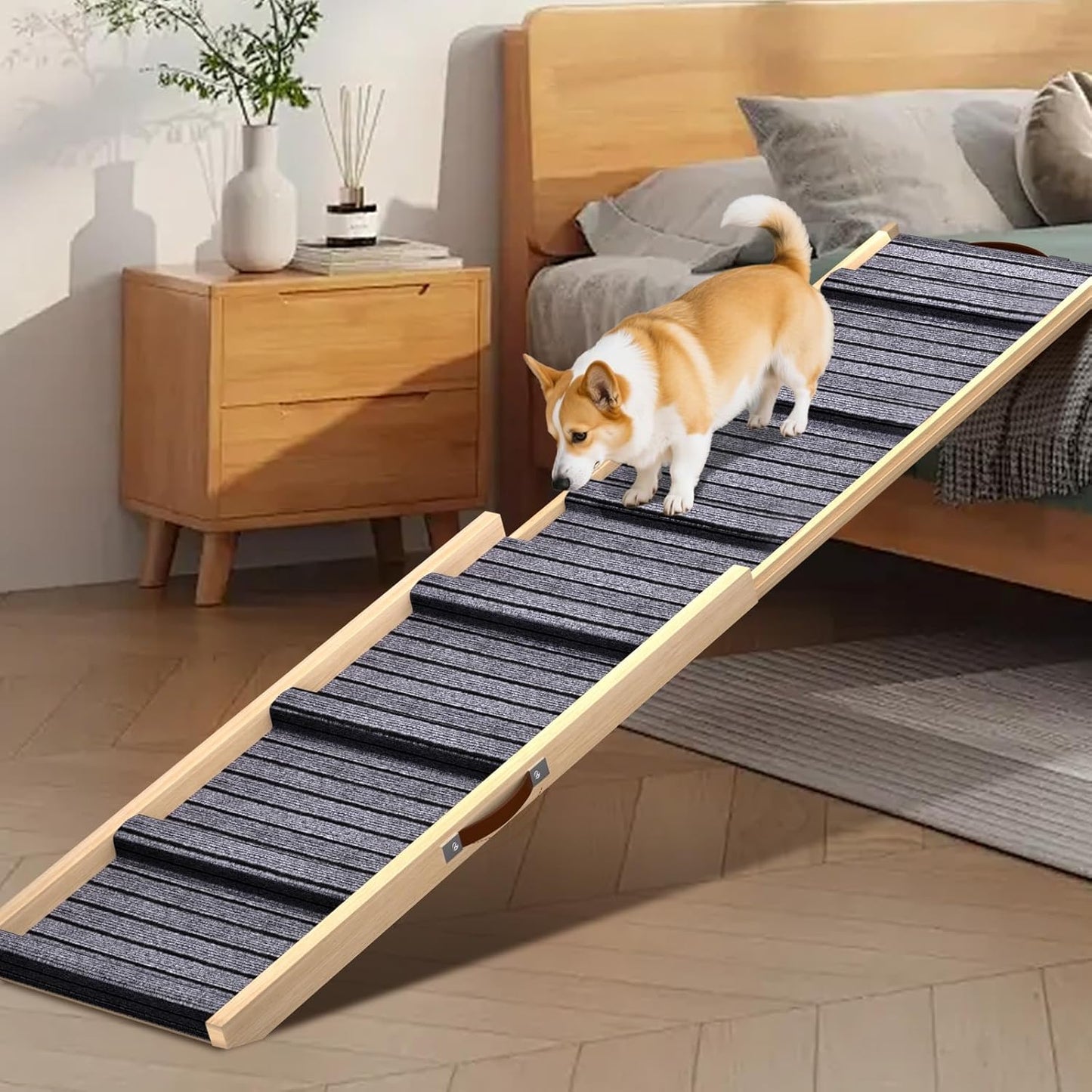 Dog Ramp for Car, 71''x 17'' Extra Long Deluxe Telescoping Design Wooden Pet Ramp, Pet Stair Ramps for Truck SUV with Non-Slip Surface, Portable Outdoor Dog Steps for Medium Large Dogs, Up to 200LBS