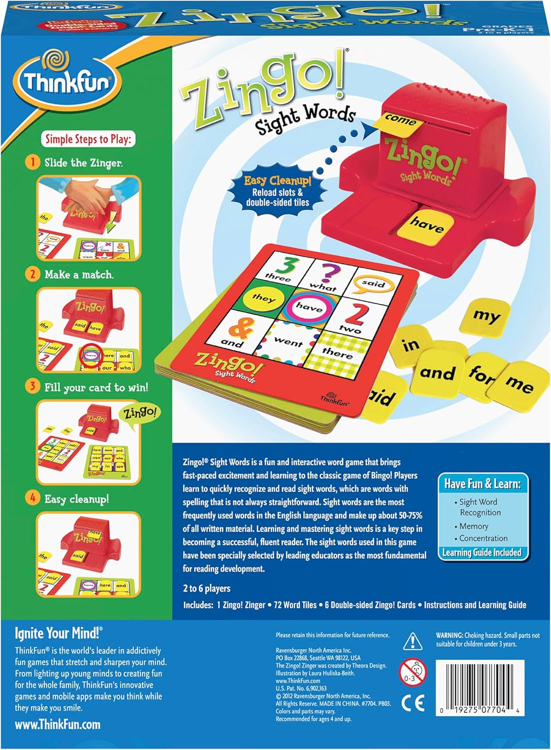 ThinkFun Zingo Sight Words Award Winning Early Reading Game for Pre-K to 2nd Grade - Toy of the Year Finalist, A Fun and Educational Game Developed by Educators for Boys and Girls