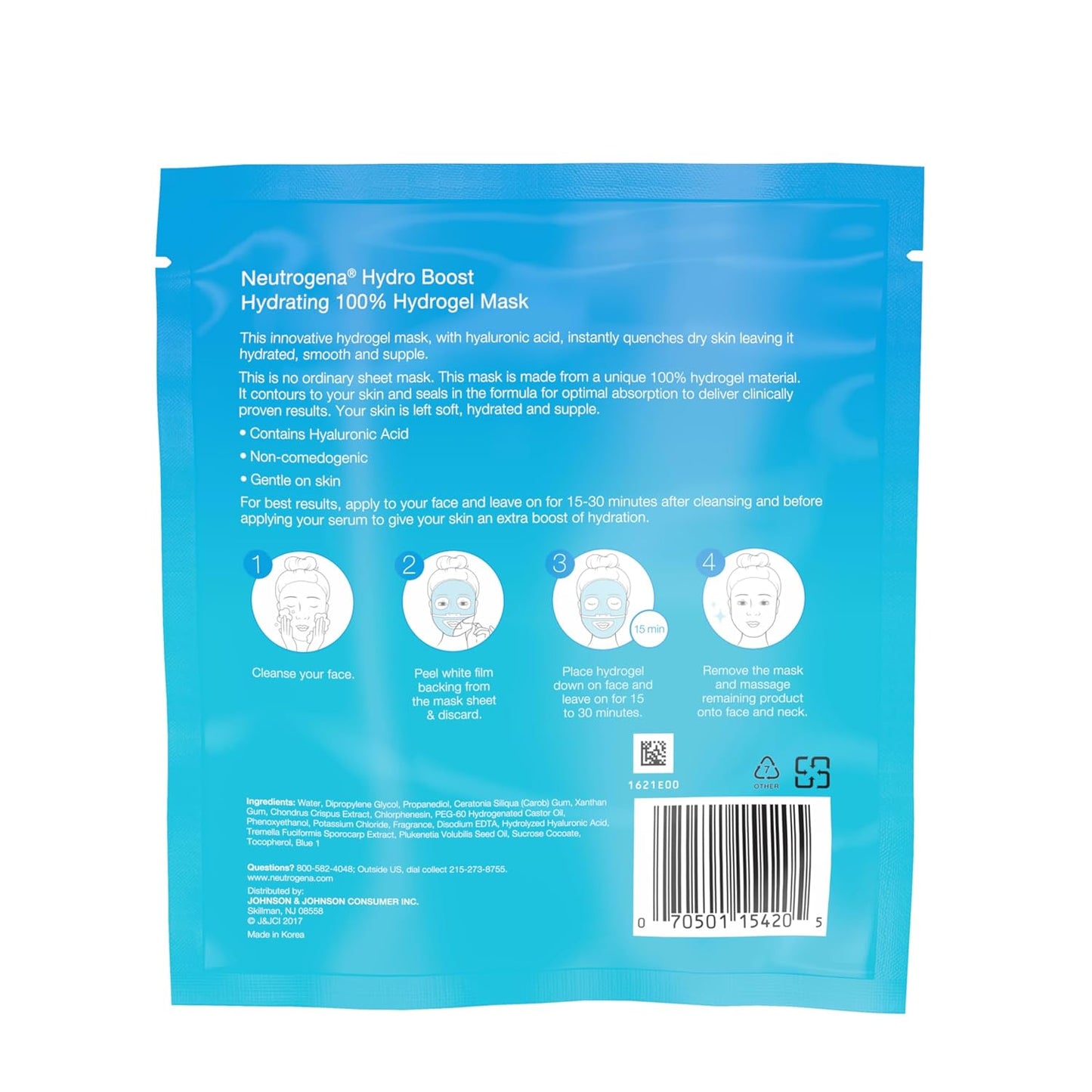 Neutrogena Hydro Boost Hydrating 100% Hydrogel Sheet Mask for Face, Moisturizing Gel Face Mask with Hyaluronic Acid for Dry Skin, Gentle, Non-Comedogenic, 1 oz