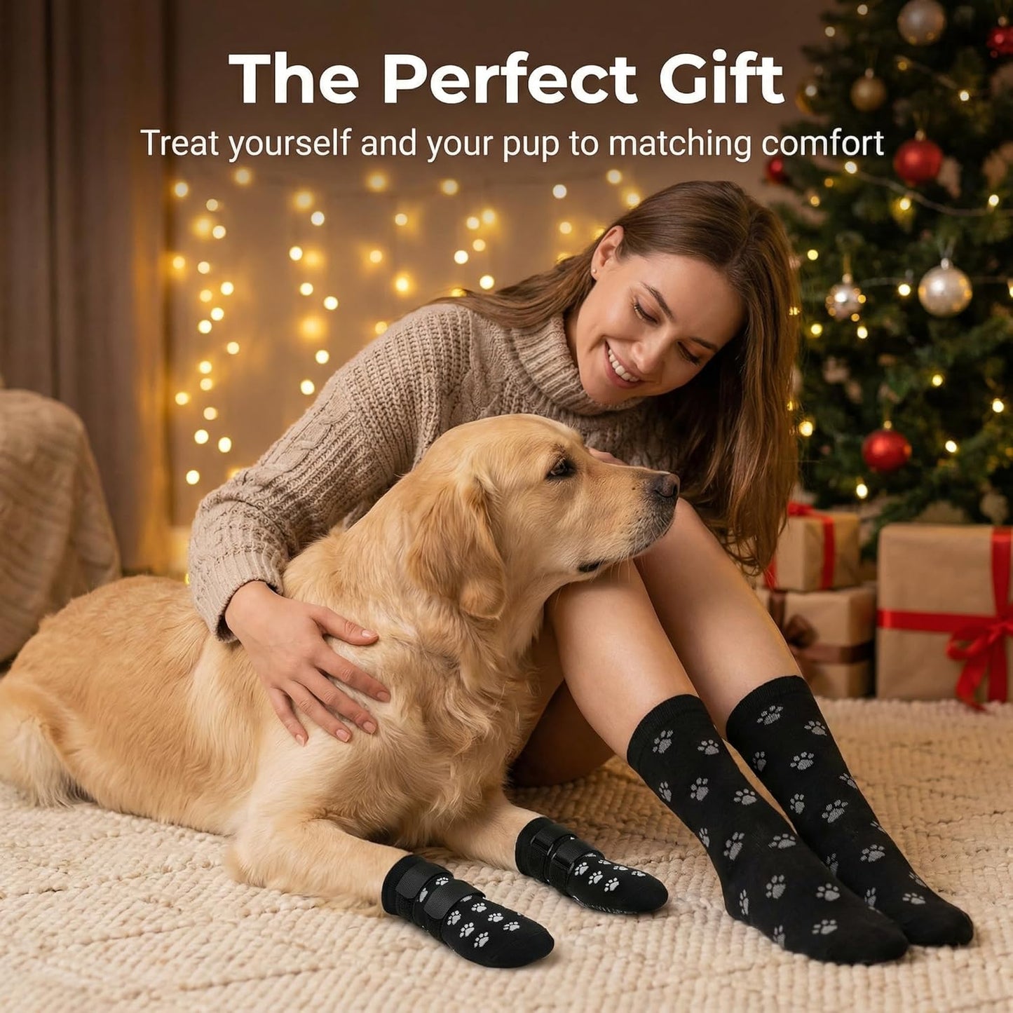 Advanced Anti-Slip Dog Socks & Dog Boots, Adjustable Dog Shoes for Hardwood Floors, Soft Fabric Paw Protectors for Senior Dogs Matching Owner Socks Gift Set (Size L)