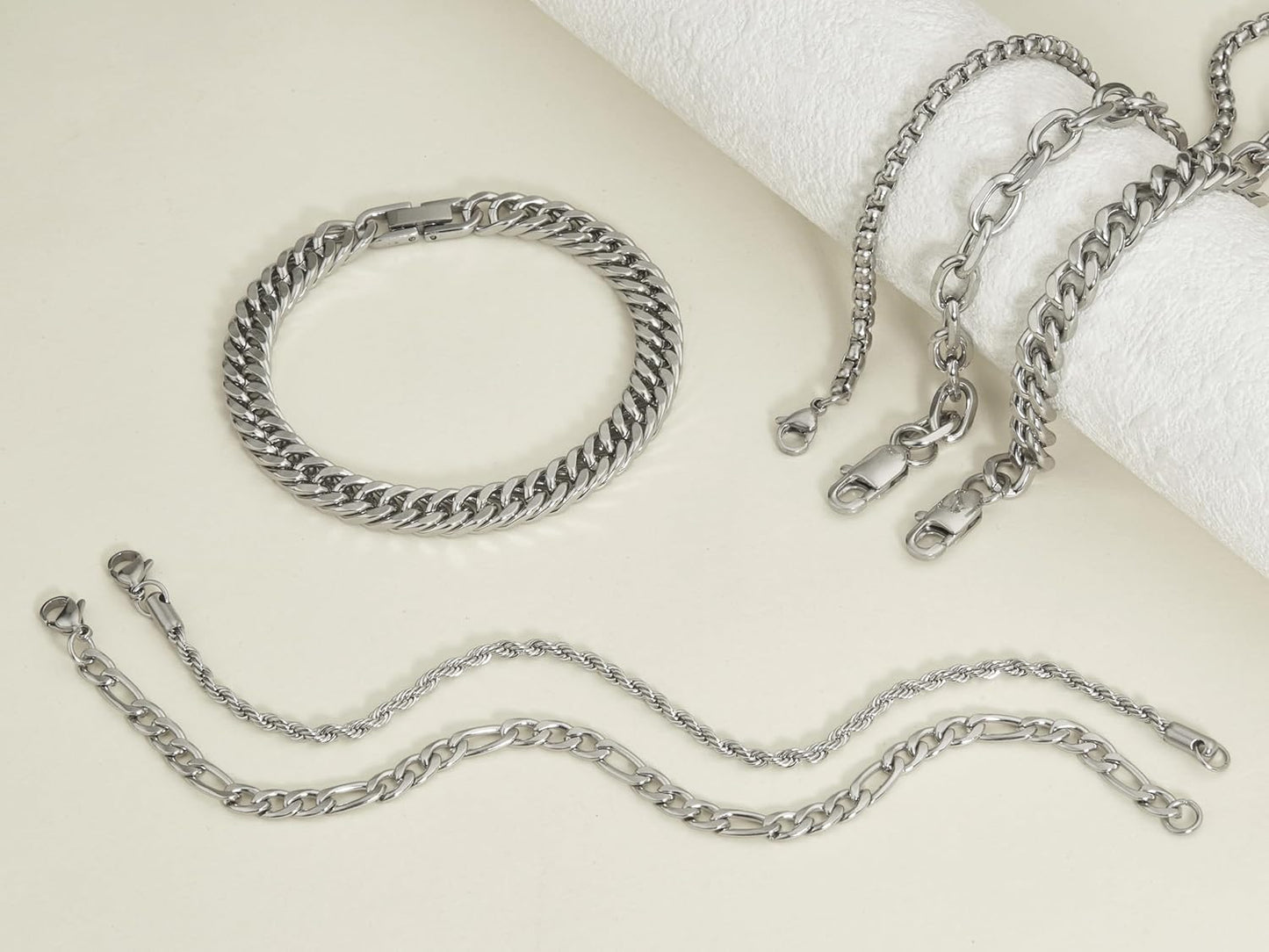 XIANNVXI 6pcs Stainless Steel Bracelets for Men Women Silver/Gold/Black Cuban Link Rope Paperclip Chain Bracelets Set 6.5/7/7.5/8.3/9 Inches Metal Bracelet Mens Fashion Accessories Jewelry Set