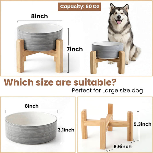 hjn Elevated Ceramic Dog Bowl with Bamboo Stand, Raised Pet Feeding Station for Small Medium Dogs Cats, Modern Design with Anti-Slip Base (White Gray, 7.6Cup)