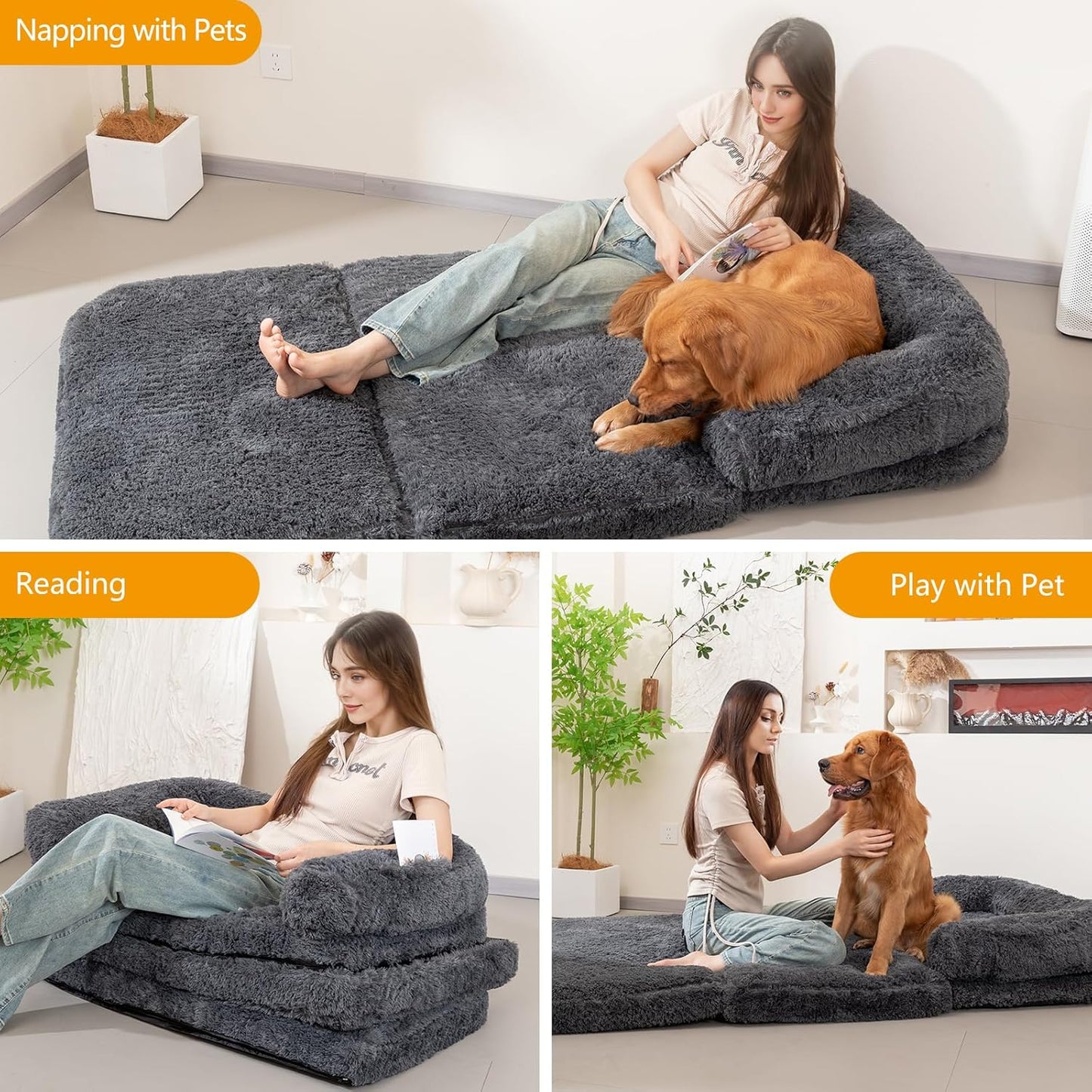 Foldable Human Dog Sofa Bed, 73x42x10 in Faux Fur Orthopedic Pet Bed with Egg Foam Mattress, Portable Dog Bed for Adults, Camping Indoor Use