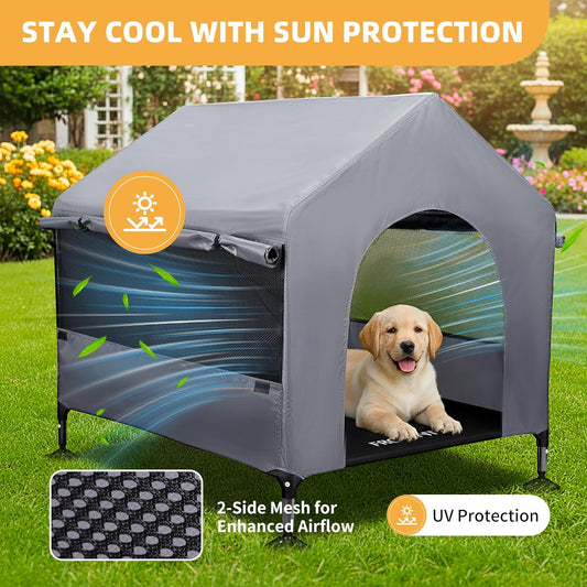 36" Dog House Outdoor Indoor with Breathable Mesh Windows, 2-in-1 Outside Dog House Elevated Dog Bed Cot Dog Tent Shade Shelter, Easy to Assemble & Clean (36 INCH)