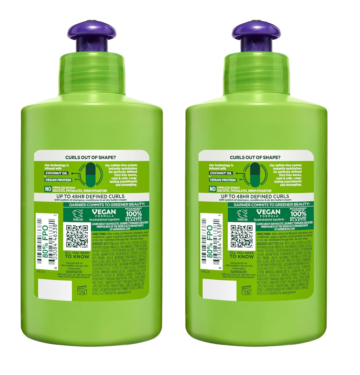 Garnier Fructis Curl Nourish Air Dry Cream, Sulfate Free Defining Butter Leave-in Conditioner, 10.2 Fl Oz, 2 Count (Packaging May Vary)