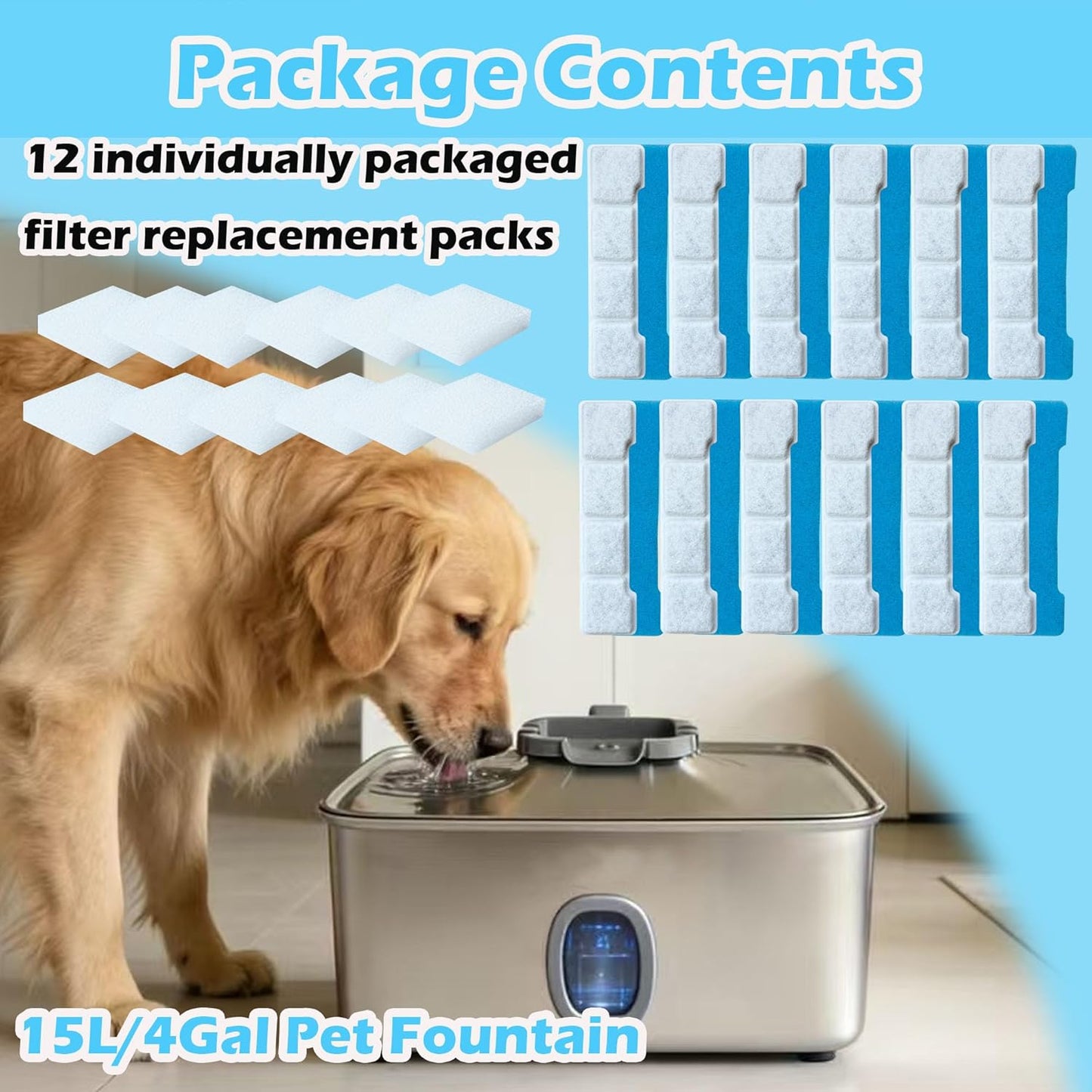 12 Set Dog Water Fountain Filters Replacement Compatible with SIBAYS 4Gal/15L, for Kastty 4Gal/15L Stainless Steel Fountain