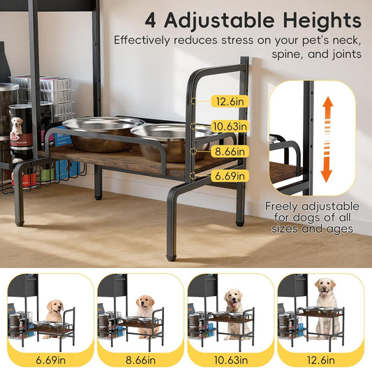 Elevated Dog Bowl Stand, Adjustable Raised Dog Stand, Pet Feeding Station Cabinet with Storage Organizer, Large Toy Bin Basket, Lifted Food and Water Bowl Holder for Large Medium Small Breed