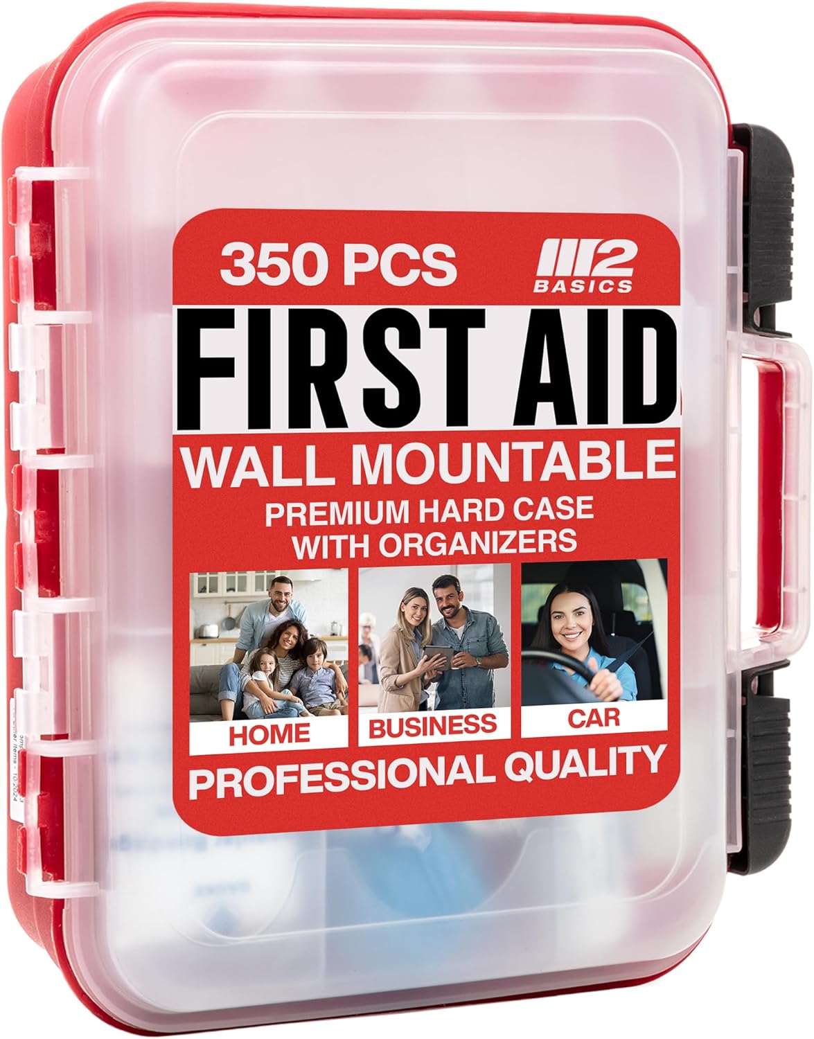 M2 BASICS Professional 350 Piece First Aid Kit, Wall Mountable Dual Layer Hard Case for Business, Home, Car, Vehicle & Work