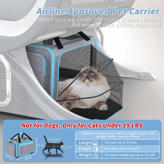 Rolling Pet Carrier with Detachable Wheels - 18x11x11 TSA Airline Approved for Southwest Delta United American, Soft Sided Expandable Travel Bag for Small Dogs & Cats up to 15Lbs, Fits Under Seat