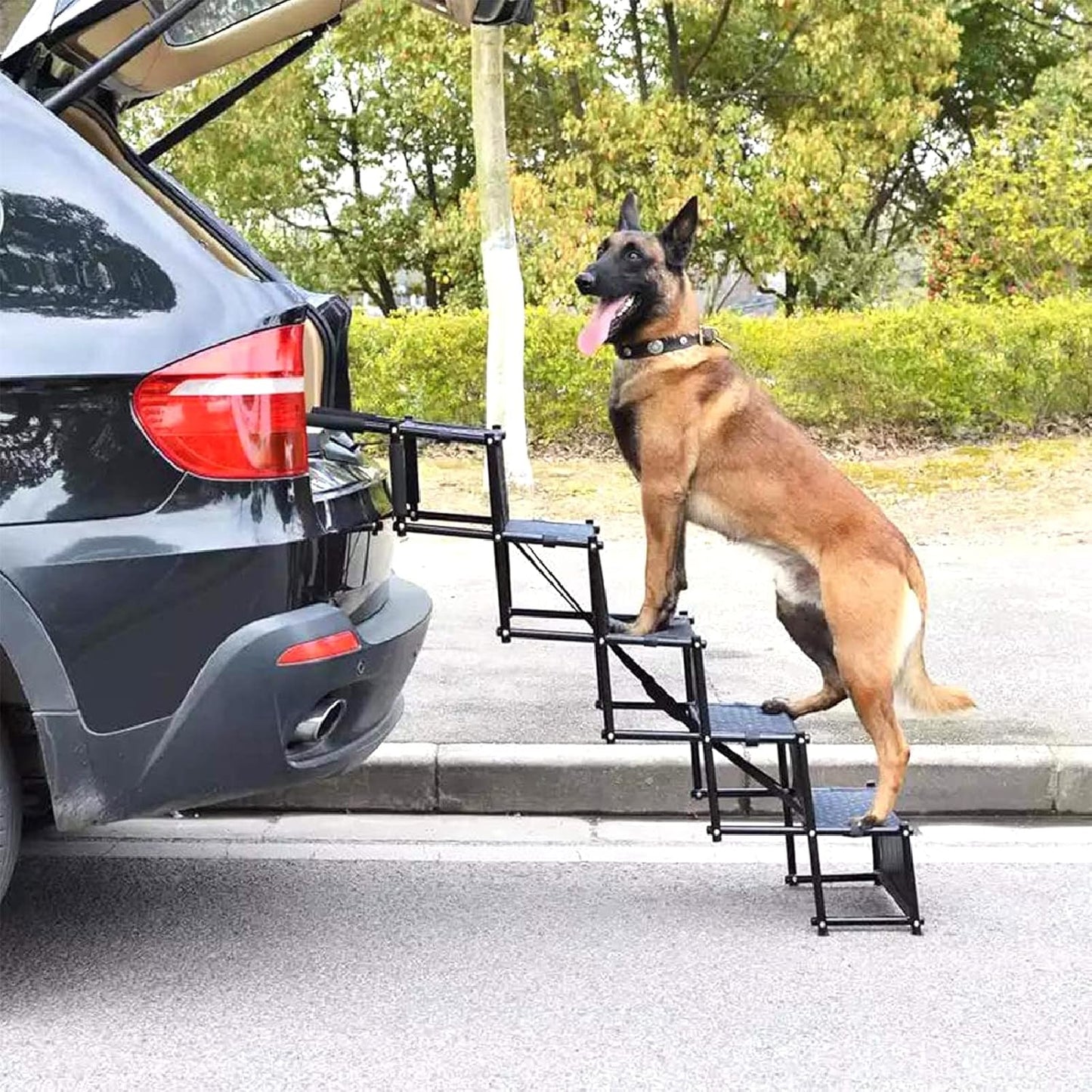 5 Steps Upgraded Folding Pet Stairs Ramp Steps for Medium and Large Dog Lightweight Portable Dog Ramp with Waterproof Surface Great for Cars Trucks Suvs Black (Black)